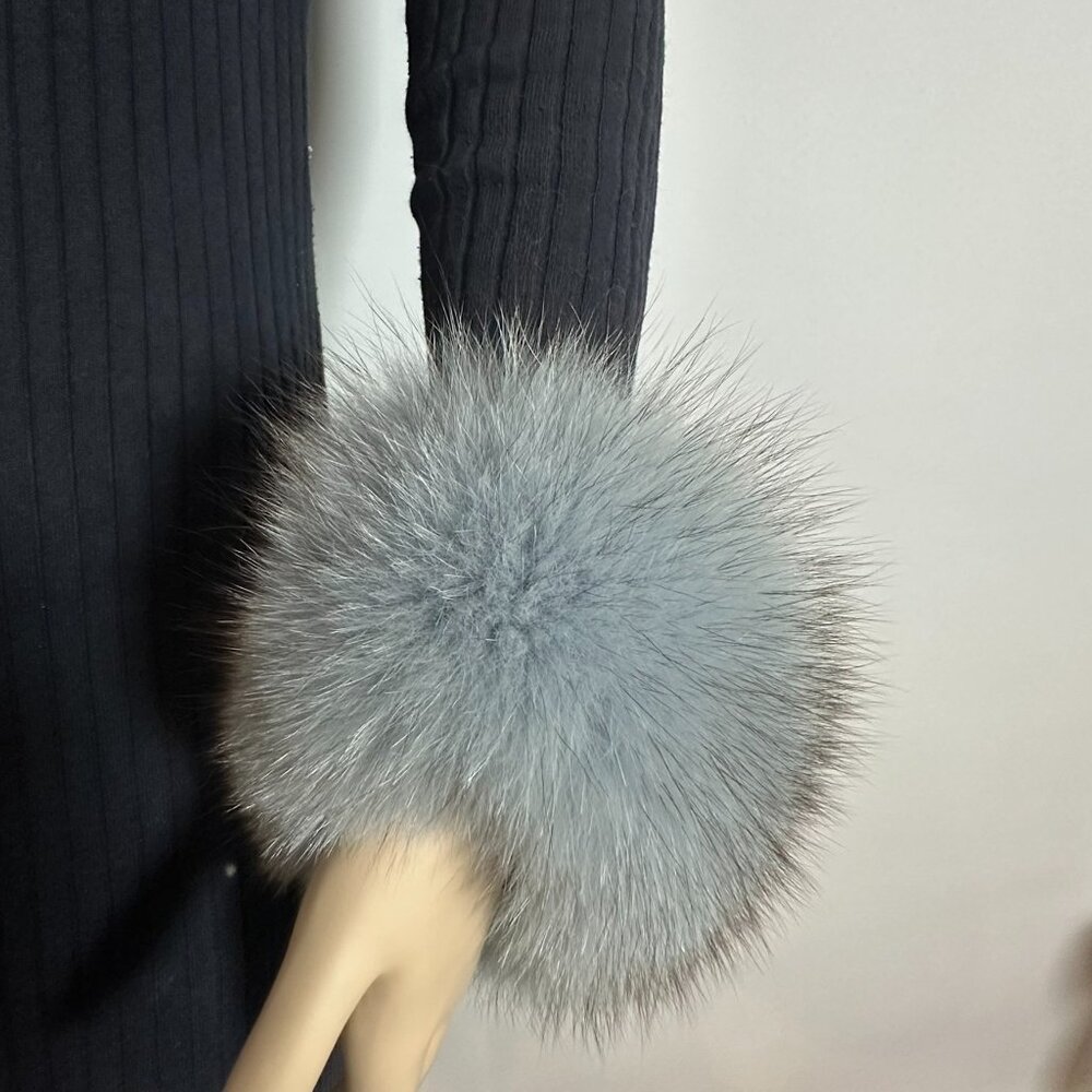 Light Blue Fox Fur Cuffs w/ Black Highlights - Picture 2 of 3